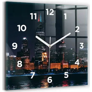 Hodiny Nástěnné čtvercové skleněné hodiny do kanceláře - panorama města Chicago 30x30 cm
