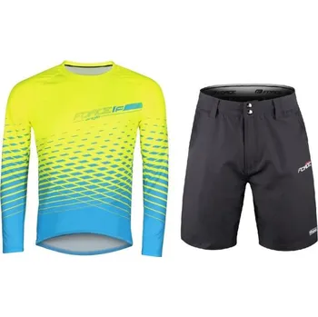 cyklistický dres Force MTB ANGLE fluo-modrý cyklodres - dl. rukáv + Force BLADE MTB černé cyklokraťasy S + DÁREK