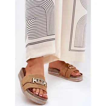 Dámské pantofle Dámské Pantofle Se Zlatým Detailem Na Platformě S Leskem Eanes Barva: Béžová, Velikost: 37