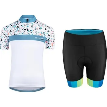 cyklistický dres Force ROCK LADY bílo-tyrkysový cyklodres - kr. rukáv + Force VICTORY černo-modré cyklokraťasy M + DÁREK