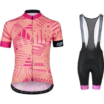 cyklistický dres Force SHARD LADY meruňkový cyklodres + Force STRIPE LADY černo-růžové cyklokalhoty M + DÁREK