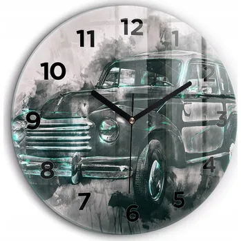 Hodiny Minimalistické Skleněné Nástěnné Hodiny s Grafikou Old-School Auta fi60 cm