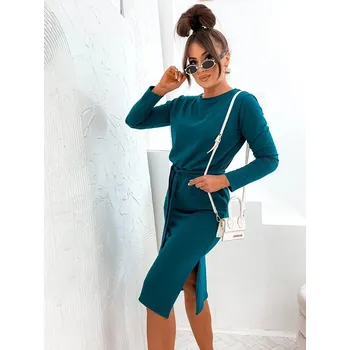 Dámské šaty Moon - Zelené midi šaty s páskem a rozparkem, odstíny zelené L (40) i392_24359-49