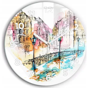 Hodiny Skleněné nástěnné hodiny Malovaná architektura kulatý bílé ručičky průměr 60 cm