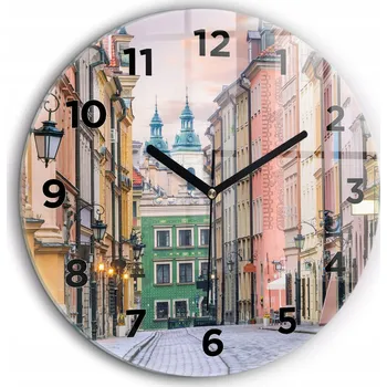 Hodiny Skleněné nástěnné hodiny do obýváku s grafikou Staré Město Varšava, průměr 60 cm