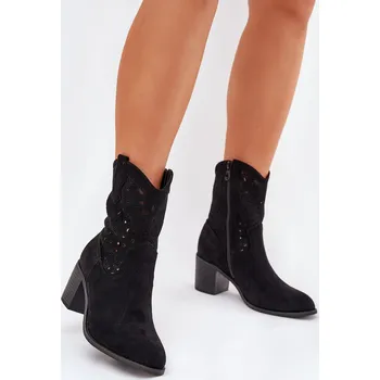 Dámské kozačky Dámské Ažurové Kožené Botky Na Podpatku S.Barski HY51-125 Barva: Černá, Velikost: 41