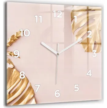 Hodiny Čtvercové Skleněné Nástěnné Hodiny do Kanceláře Zlaté tropické listy 60x60 cm
