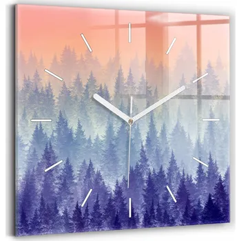 Hodiny Skleněné nástěnné hodiny do kanceláře se stylovým potiskem Les v mlze 30x30 cm