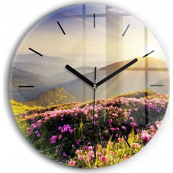 Hodiny Moderní skleněné nástěnné hodiny s potiskem Horská krajina kulatý průměr 30 cm