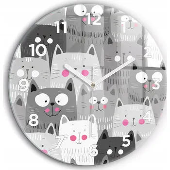 Hodiny Moderní skleněné foto hodiny na zeď Vzor s kočkami bílé ručičky průměr 60 cm