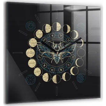 Hodiny Skleněné nástěnné hodiny do moderního interiéru - Fáze měsíce a hmyz, 60x60 cm
