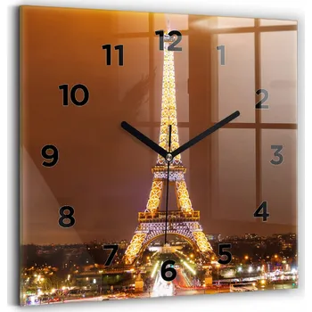 Hodiny Designové skleněné foto hodiny do interiéru Osvětlená Eiffelova věž 30x30 cm