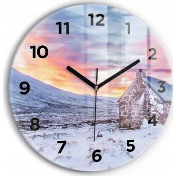 Hodiny Nástěnné Kulatý Skleněné Hodiny se Stylovým Potiskem Chaloupka v horách průměr 30 cm