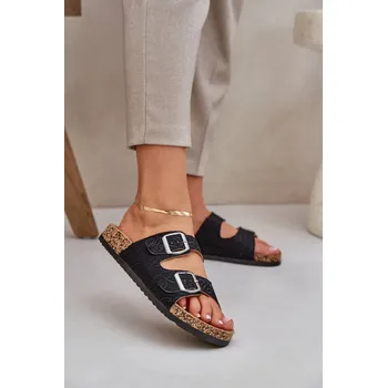 Dámské pantofle Textilové pantofle na korkové podrážce s přezkami Atera Barva: Černá, Velikost: 38