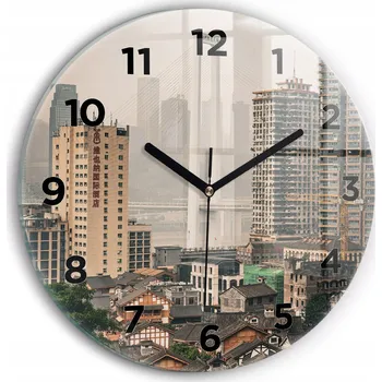 Hodiny Skleněné nástěnné hodiny do obýváku s grafikou Staré město v Chongqing fi30 cm