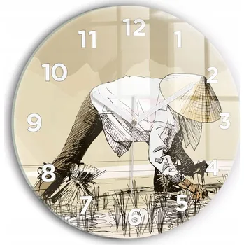 Hodiny Moderní skleněné nástěnné hodiny s potiskem Žena sbírající rýži fi30 cm