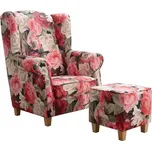 Křeslo ušák AS s taburetem - vzor květy, červená květy / olše (flauer 1)