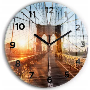 Hodiny Kulatý Skleněné Nástěnné Hodiny do Obýváku s Grafikou Most Brooklyn NYC průměr 30 cm