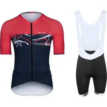 cyklistický dres Force ART tm. modrý-červený cyklodres - kr. rukáv + Force B38 černé cyklokraťasy M + DÁREK