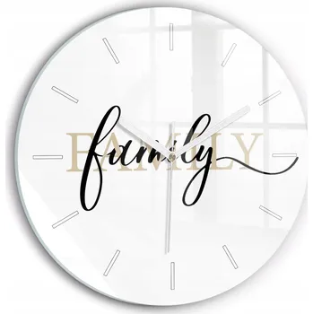 Hodiny Moderní skleněné nástěnné hodiny s potiskem Nápis Family kulatý průměr 30 cm