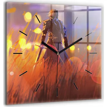 Hodiny Minimalistické skleněné nástěnné hodiny s motivem rytíře s mečem 60x60 cm