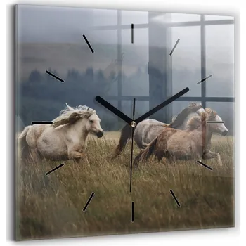 Hodiny Čtvercové Skleněné Hodiny Minimalistické Nástěnné Cválající koně 30x30 cm