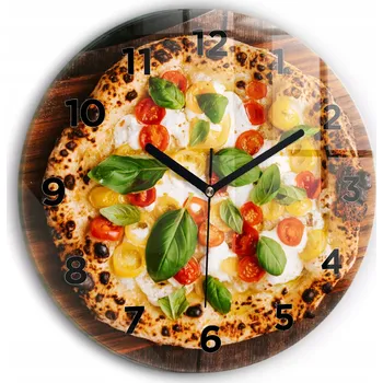 Hodiny Moderní skleněné nástěnné hodiny s potiskem Italská pizza kulatý průměr 30 cm