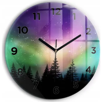 Hodiny Moderní skleněné nástěnné hodiny s potiskem Polární záře kulatý průměr 30 cm