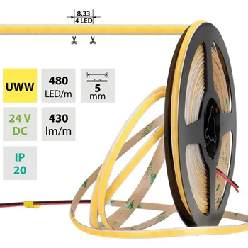 LED páska LED pásek COB UWW, 480LED/m, 6W/m, DC 24V, 430lm/m, CRI90, IP20, modul 8,33mm, 5mm, 5m