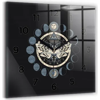 Hodiny Čtvercové Skleněné Nástěnné Hodiny do Kanceláře s Grafikou Fáze Měsíce 30x30 cm