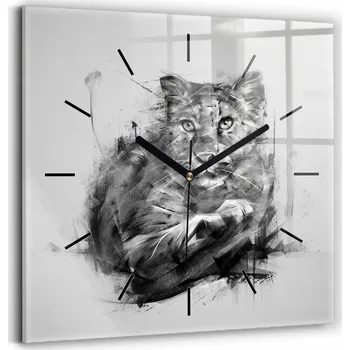 Hodiny Čtvercové Skleněné Nástěnné Hodiny do Obýváku s Grafikou Malovaný lev 30x30 cm
