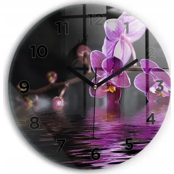 Hodiny Nástěnné Čtvercové Skleněné Hodiny do Obýváku Květ Orchideje na vodě průměr 30 cm
