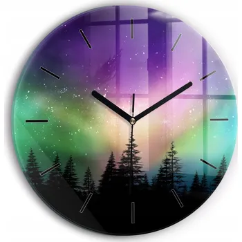 Hodiny Moderní skleněné nástěnné hodiny s potiskem Polární záře kulatý průměr 30 cm