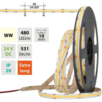 LED páska LED pásek COB WW, 480LED/m, 5W/m, DC 24V, 531lm/m, CRI90, IP20, 10mm, 50m
