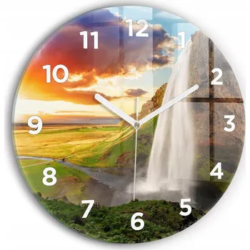 Hodiny Moderní skleněné nástěnné hodiny s potiskem Vodopád na Islandu průměr 30 cm