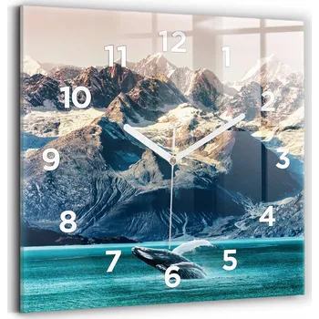 Hodiny Čtvercové Skleněné Hodiny na Zeď do Obýváku s Grafikou Velryba voda 30x30 cm