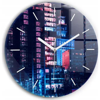 Hodiny Moderní skleněné hodiny s grafikou na zeď Varšava v noci kulatý průměr 30 cm