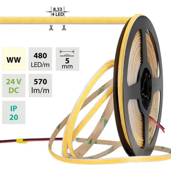 LED páska LED pásek COB WW, 480LED/m, 6W/m, DC 24V, 570lm/m, CRI90, IP20, modul 8,33mm, 5mm, 5m