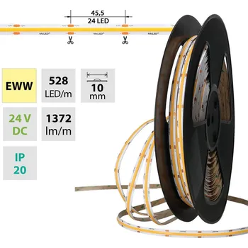 LED páska LED pásek COB EWW, 528LED/m, 14W/m, DC 24V, 1372lm/m, CRI90, IP20, modul 45,5mm, 10mm, 50m