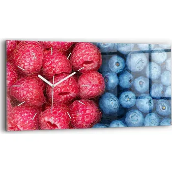 Hodiny Moderní skleněné hodiny s grafikou na zeď horizontální 60x30 cm Lesní plody a maliny