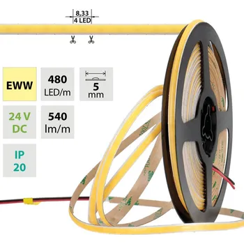 LED páska LED pásek COB EWW, 480LED/m, 6W/m, DC 24V, 540lm/m, CRI90, IP20, modul 8,33mm, 5mm, 5m