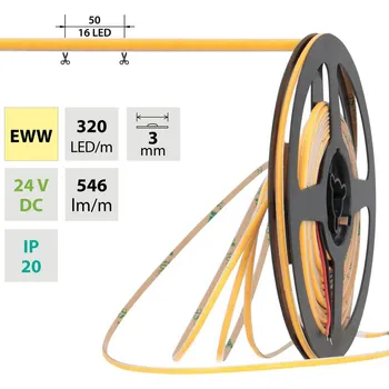 LED páska LED pásek COB EWW, 320LED/m, 6W/m, DC 24V, 546lm/m, CRI90, IP20, modul 50mm, 3mm, 5m