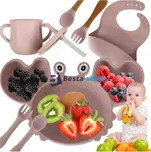 Silikonová jídelní sada pro děti 9 ks – motiv Krab, růžová, bez BPA