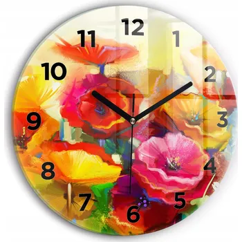 Hodiny Moderní skleněné foto hodiny na zeď tichý mechanismus Barevné vlčí máky průměr 30 cm