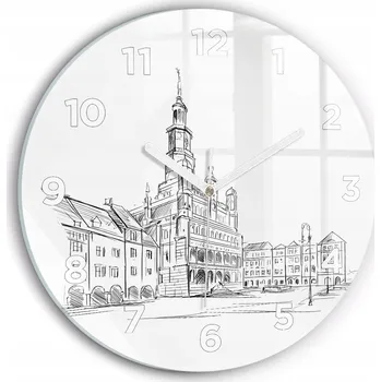 Hodiny Čtvercové Skleněné Foto Hodiny na Zeď – Skica starého města Poznaň průměr 30 cm