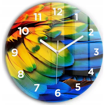 Hodiny Kulatý skleněné nástěnné hodiny S Potiskem barevných ptačích křídel, průměr 30 cm