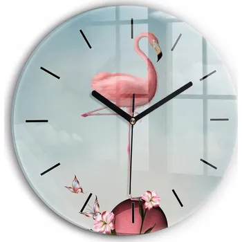 Hodiny Skleněné nástěnné hodiny do obýváku S Potiskem Surrealistický plameňák průměr 30 cm