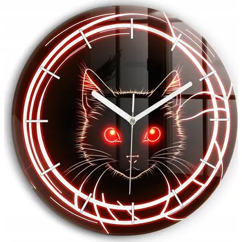 Hodiny Moderní skleněné nástěnné hodiny s grafikou Kočka s červenýma očima průměr 30 cm