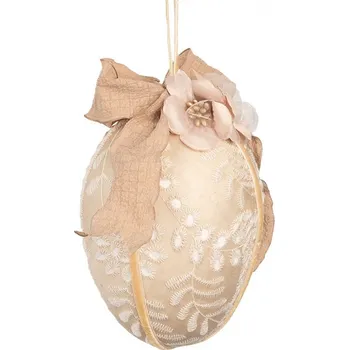 Velikonoční dekorace Béžové závěsné vajíčko s výšivkou a mašlí Fancy - Ø 11*17 cm