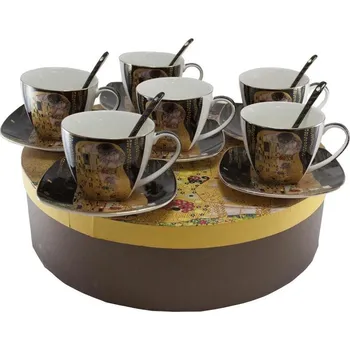 HOME ELEMENTS Sada 6 ks - šálky 250 ml s podšálky a lžičkami, Klimt, Polibek tmavý